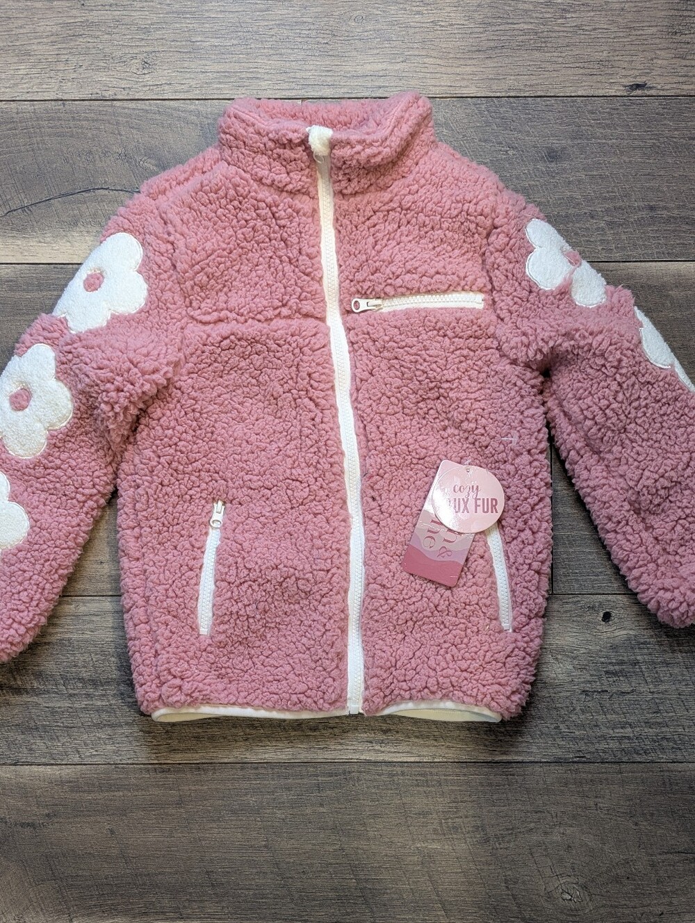 Girls' Pink Faux Sherpa Jacket with Flower Detail